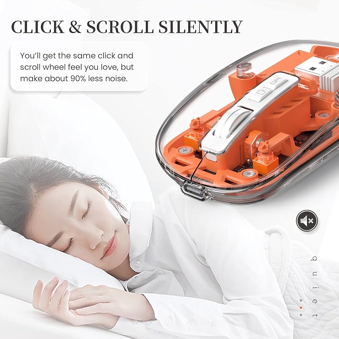 AJAZZ Wireless Bluetooth5.1&2.4G Mini Lightweight Mouse,Transparent Clear Cool,Rechargeable Silent Computer Mice,Nano USB C Receiver,LED Battery Magic Silm for Office/PC/Mac/Laptop/Apple/ipad(Orange)