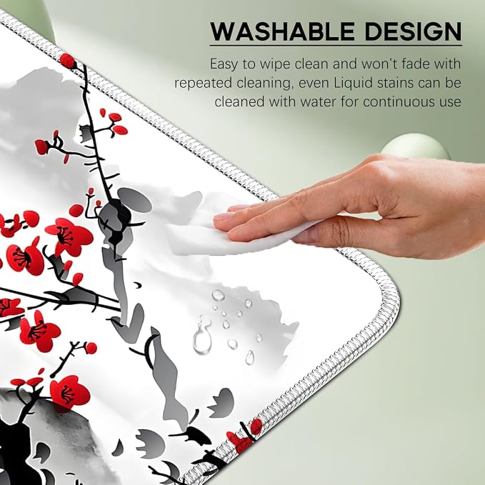 Japanese Sakura Mouse Pad, Red Moon, 31.5x11.8 Inch White deskmat | Anime Desk Mat, Large, Non-Slip Rubber Base, Waterproof, Stitched Edges