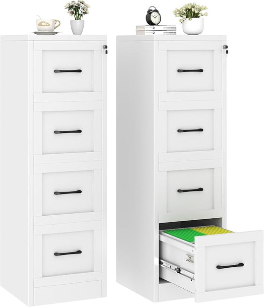 4 Drawer Metal File Cabinet with Lock,Narrow Vertical Filing Storage Cabinets,Steel File Organization for Legal/Letter/A4/F4 Size with Hanging Files,Lockable File Folders for Home Office, White