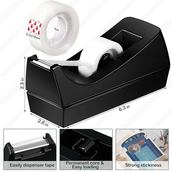 Yahenda 18 Pack Tape Dispenser, 20 Refills Weighted Non Skid,Black | 0.7x985 Inch Invisible Tape Refills Included, Weighted Non-slip Base for Office Home School Desktop, Value Set for Wrapping