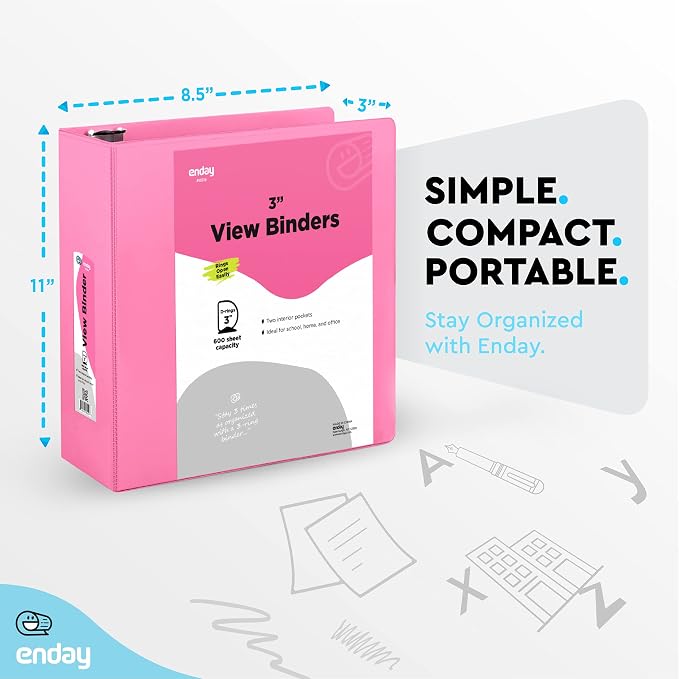 Enday 3 Inch Binder Pink 3 Ring Binder 3 Inch, Heavy Duty Three Ring Binder, 600 Sheets Capacity - 3 Inch Binder for Home School and Office
