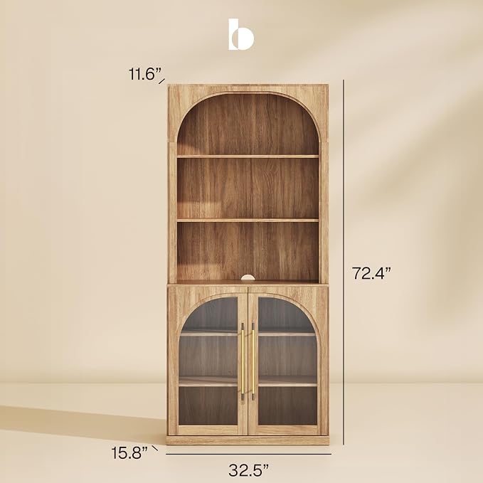 BELLEZE 72" Tall Modern Wood 6-Tier Shelf Storage with Sturdy Aluminum Handle, Glass Display Curio Cabinet, Bookshelf Bookcase for Office, Living Room, Camel