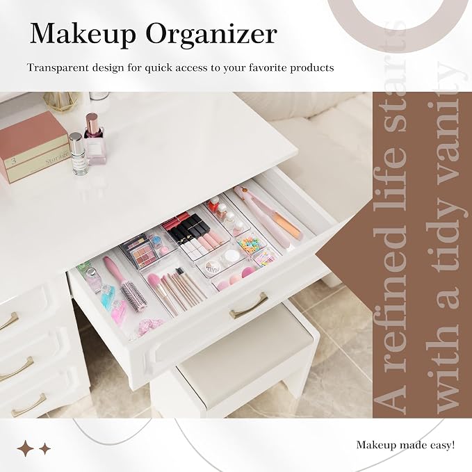 11 PCS Clear Plastic Drawer Organizer Set - 5 Large Size Versatile Kitchen and Bathroom Organizer Trays, Non-Slip Storage Bins for Makeup, Utensils, Tool and Office Desk