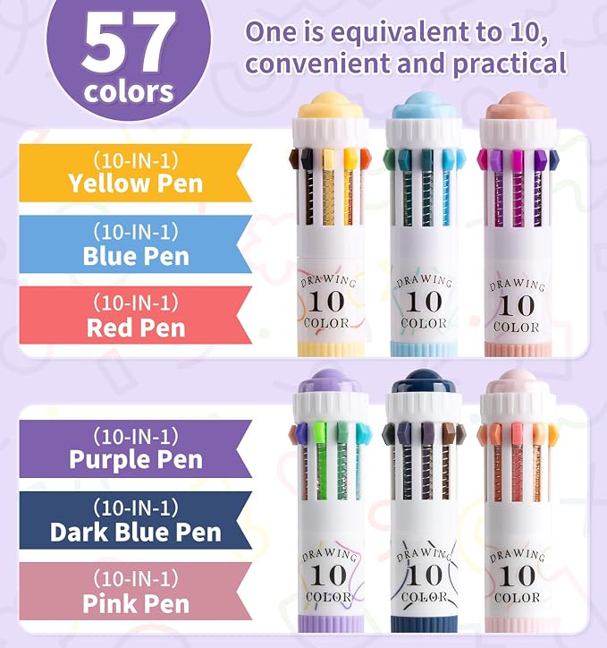 6 Pack Multicolor Pens, 10-in-1 Colored Ballpoint Pen, 57 Colors | 0.8mm Fine Point Smooth Writing, Retractable Ballpoint Pens for Office School Students Teens