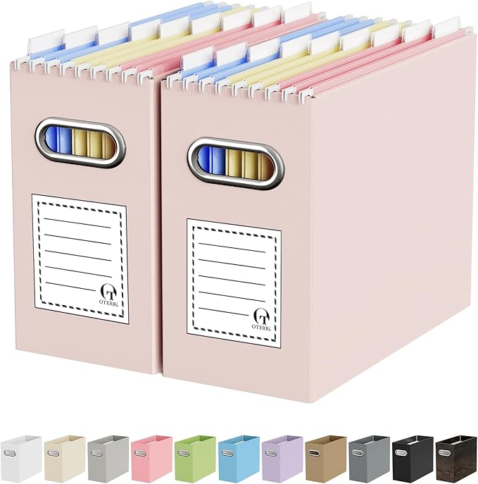 Portable Collapsible Cardboard File Box with Handle for Letter-Size | 2-Pack. Stainless Steel Handle. Label Stickers Included. Fits Letter Folders (Not Included). Home, Office, School, Dorm, Tax.