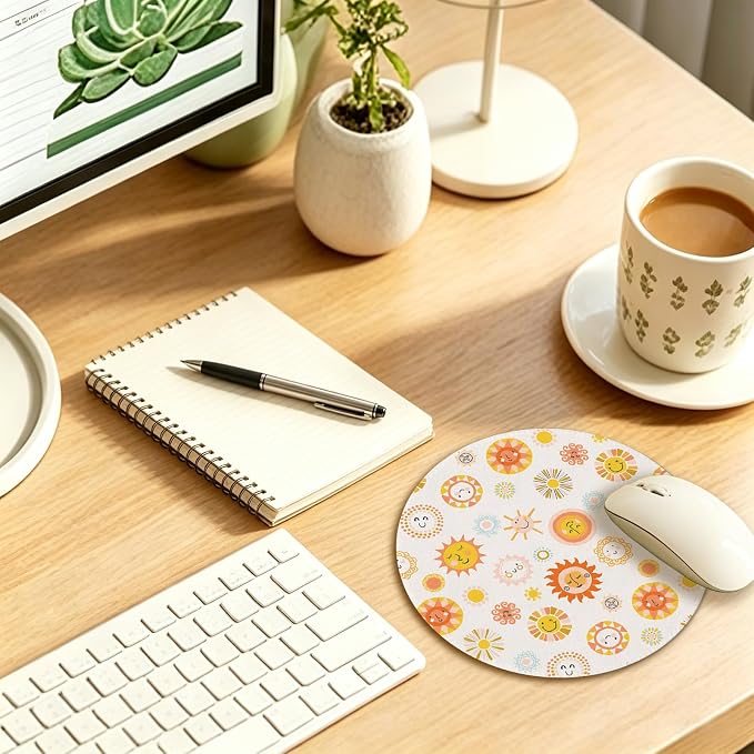 Boho Smiley Sun Sunshine Round Mouse Pad 7.9x7.9in | Boho Office Decor,Yellow Cute Sun Mousepad Mouse Mat for Computer Laptop Home Office Dorm Desk Accessories