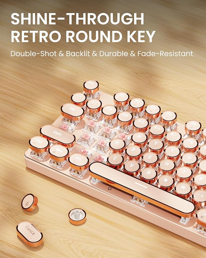 EWEADN Wired Typewriter Mechanical Keyboard, Low Noise Pink Switch Retro Punk Keyboard with Media Knob, White Backlit, Metal Panel, 104-Key Round Keycaps Cute Keyboard for Windows PC- Rose Gold