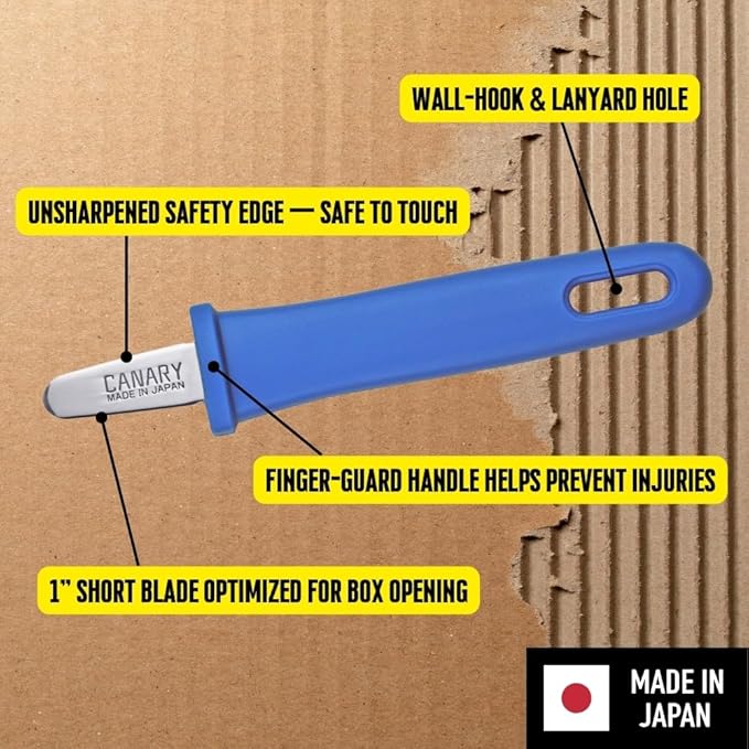 CANARY Safety Box Opener Tool with No Sharp Edge 5" [No Blade] - Mini Package Opener for Careful Package Opening Around Contents - Made in Japan, Blue
