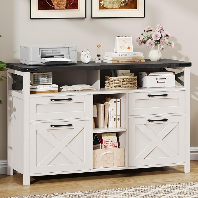 Halitaa File Cabinet with Open Storage Shelf for Home Office, Black | Farmhouse, Lateral Filing Organization Storage Cabinets, 4 Drawers, Adjustable Shelf, Hanging Files Letter/A4