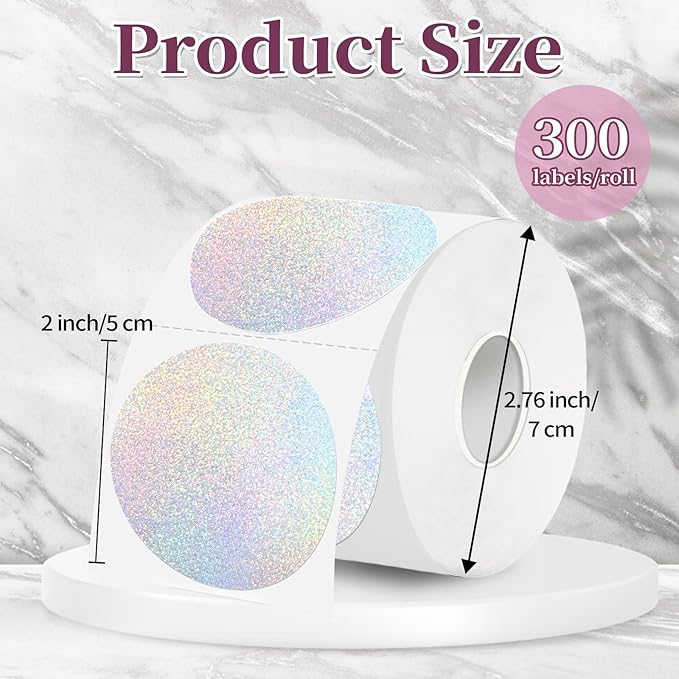 2 Inch Holographic Thermal Labels,Sliver Round Thermal Printer Labels,Printable Round Thermal Printer Labels Self-Adhesive Direct Thermal Label(300 Labels/Roll Sliver)