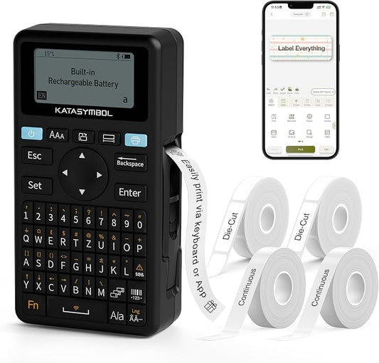SUPVAN E11 Keyboard & Bluetooth Label Maker Machine with 4 Tapes, Black | Rechargeable, Versatile App with 30+ Fonts and 660+ Icons, Minimal Margin, Inkless, for School, Home, Kitchen, Office