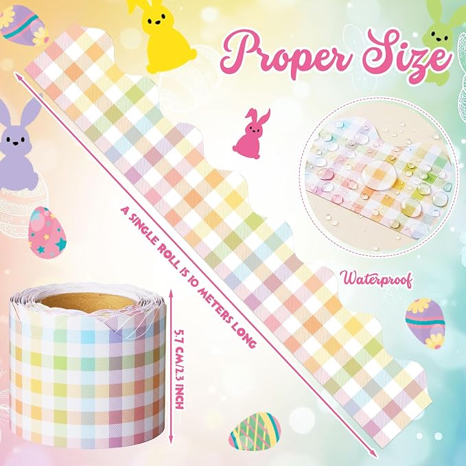 32.8 Ft Pastel Gingham Bulletin Borders Classroom Scalloped Trim | Rainbow Pastel Scalloped Trim, Classroom Office Borders, Easy Cut Adhesive Backing for Bulletin Display Party Decorations