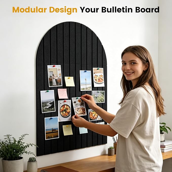 Arched Felt Bulletin Board (Black), 35"x24" Large Wall Decor | 6 Pcs Self-Adhesive Tiles with Push Pins, Felt Cork Board Alternative for Home Office Classroom Decor