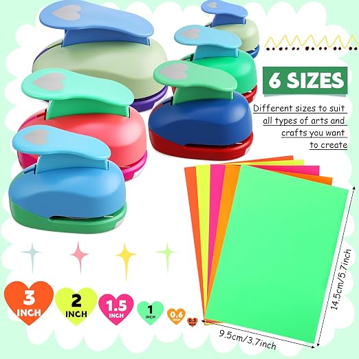 CHENGU 6 Pcs Heart Punch Set 3in/2in/1.5in/1in/0.6in/0.3in Scrapbook Hole Punchers Crafting with 10 Sticker Paper Heart Cutter Scrapbook for Office Supplies DIY Albums Photos(Multicolor)