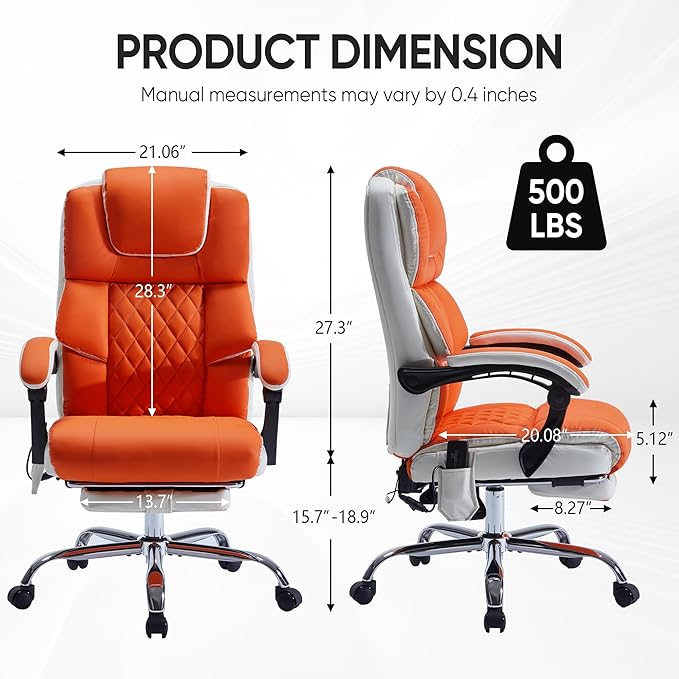 Massage Office Chair 6 Points 500lbs with Footrest,Reclining Desk Chair with Vibration Heat,Executive Big and Tall Chairs for Heavy People,Adjustable Height Ergonomic Orange
