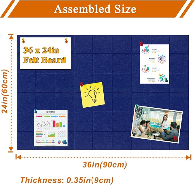 Large Square Felt Cork Board Tiles, Self Adhesive DIY Felt Bulletin Board Pin Board with 35 Pushpins for Office School Home Wall Decor Stickers Memos Photos Display (Dark Blue)