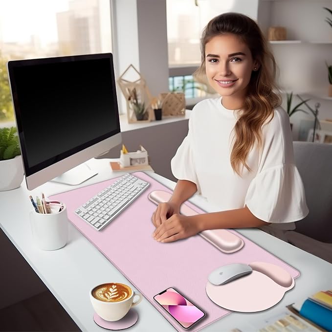 LIMKRIAN Pink Desk Mat Set, Mouse Pad with Wrist Rest & Keyboard Support | XXL Desk Pad, Ergonomic Gel Wrist Rest Mousepad, Memory Foam Keyboard Support, Coaster, Home Office Gaming Desk Accessories