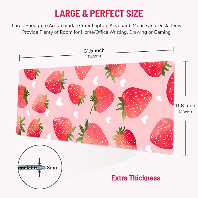 Mousepad Desk Mat Gaming Large Keyboard Cute Office Desktop Computer Laptop Strawberry XXL Long Giant Big Kawaii Aesthetic Girly Pretty Design Women Girl Gamer Oversized Wide 30x12'' Mousepad