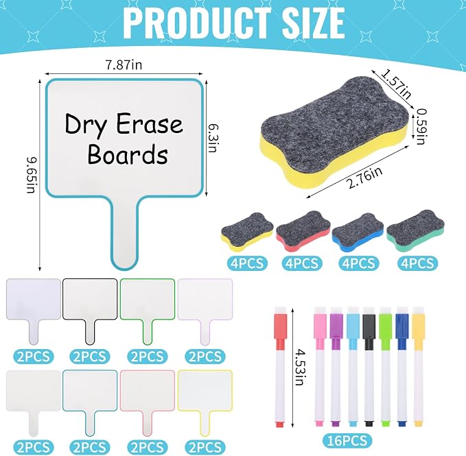 48-Piece Dry Erase Answer Paddle Set, Handheld Sign with Markers & Erasers, 10''X 8'' Double Sided Mini Whiteboard Paddles for Classroom, Home & Office Meetings