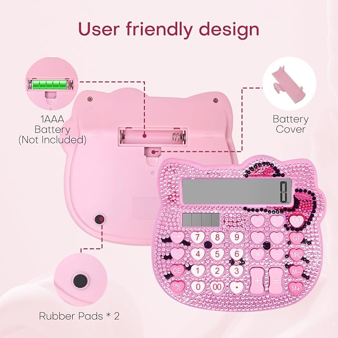 Cute Calculators, Women Desk Calculator 12 Digit with Large LCD Display and Sensitive Button, Suitable for Adults and Children, Standard Function for Office, Home, School (Pink+Pink Jewel Model)