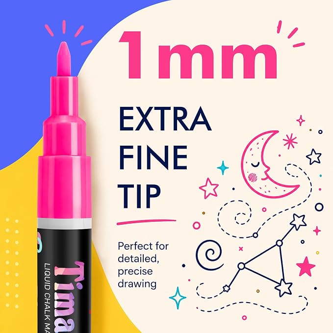 Timart Fine Tip Chalk Markers, Liquid Chalk Pens-8 Pack, 1mm Point | Dry & Wet Erase Chalkboard Markers, Non-Toxic Chalk Marker for First Day of School Sign, Blackboard, Glass, Cars