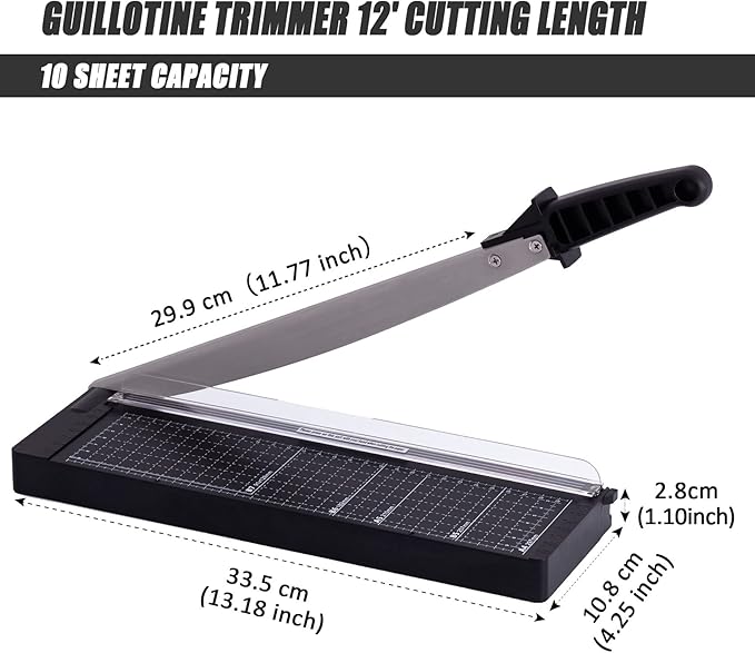 TIANSE Paper Cutter 12 Inch Paper Cutter Guillotine with 8 to 10 Sheet Capacity Safety Blade Lock Heavy Duty Paper Trimmer for Cardstock Cutting Board Paper Cutter Slicer for Home Office School Black
