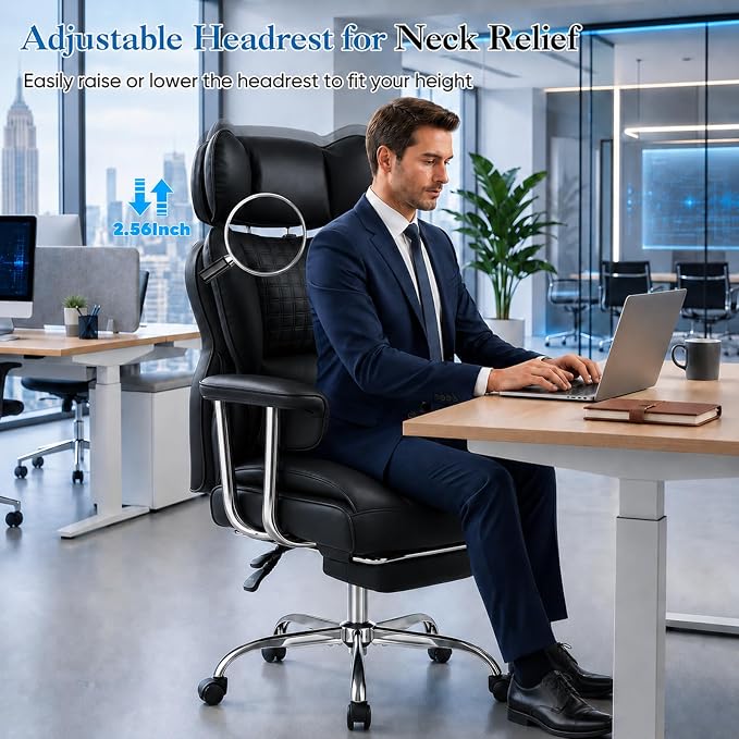 Big and Tall Office Chair 350 LBS, Scratch-Resistant PU Leather Executive Office Desk Chair with Footrest, Ergonomic Reclining Computer Chair with Pocket Spring Support for Home Office, Black