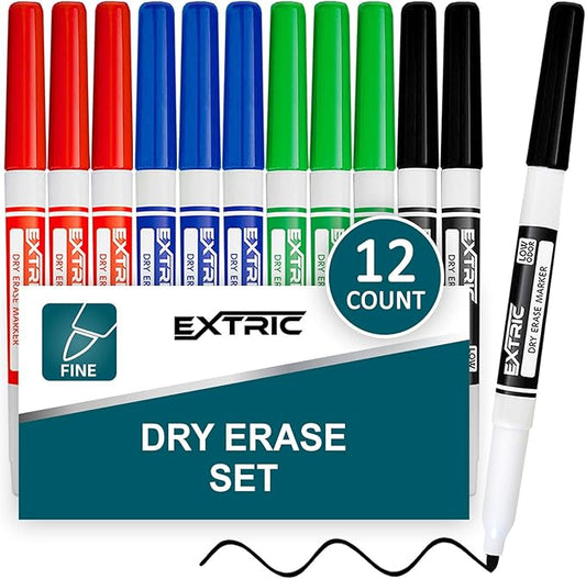 EXTRIC Dry Erase Markers Fine Tip, 12 Count Thin Whiteboard Markers, 4 Assorted Colors Fine Point Dry Erase Marker for Kids, Skinny Marker for Whiteboard
