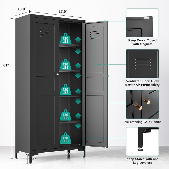 Metal Storage Cabinet with Doors and Shelves,Black Storage Cabinet with Leg,Metal Pantry Cabinets,Ventilated Pantry Closet,Tall Large Cupboard for Home,Kitchen,Dining/Living/Laundry Room