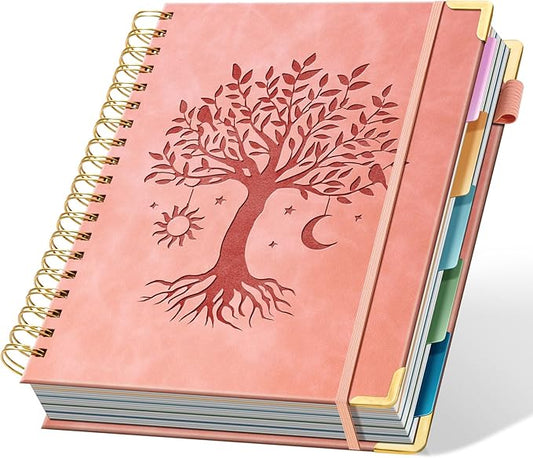 Hardcover Spiral Notebook 8" x 10" with 5 Removable Dividers 300 Pages Leather 5 Subject Notebook College Ruled 100GSM Large Spiral Notebooks for Work Thick Lined Journal for Women, Pink