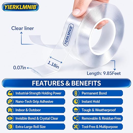 【1 Rolls Double Sided Tape Heavy Duty, Nano Clear Mounting Tape, Picture Hanging Poster Carpet Tape for Walls, Dorm Office School Outdoor, Removable Adhesive（9.85FTx1.2in