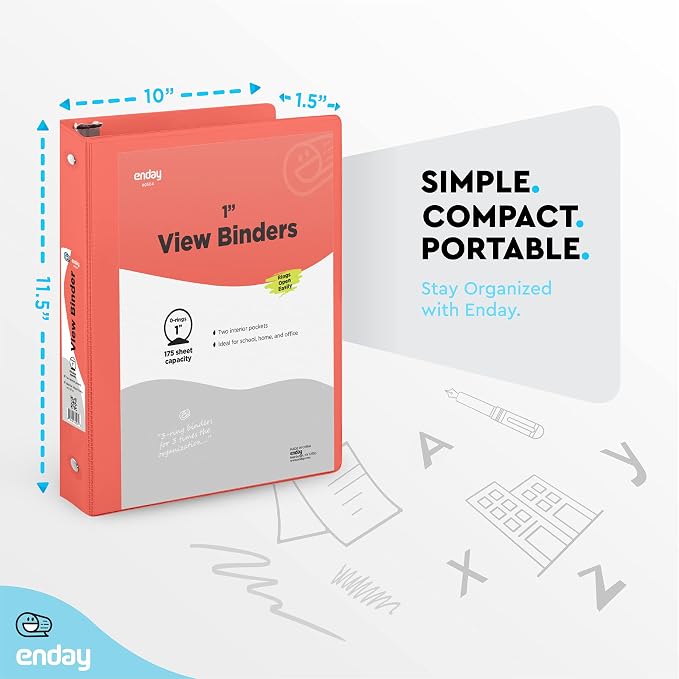 Enday 1 Inch Binder, Red 3 Ring Binder 1 Inch, Heavy Duty Three Ring Binder, 175 Sheets Capacity - One Inch Binder for Home School and Office