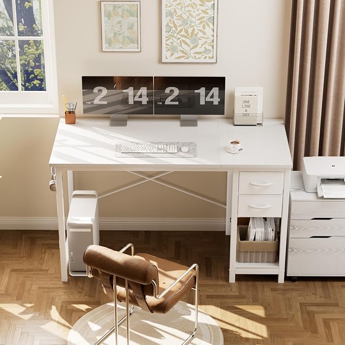 Sweetcrispy 47-Inch Computer Desk with Drawers, Office Desk, White | Small Desk for Bedroom Home Office with Side Hook, Modern Simple Desk with Storage for Writing