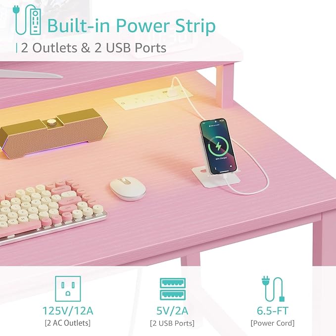 Lufeiya Girls Desk with Power Outlets and LED Lights, 40 Inch Gaming Desk Table with Charging Station, Home Office Computer Desks with Monitor, Pink