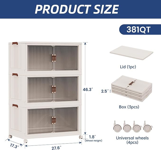 SAILUN 381Qt Extra Large Stackable Storage Bins Folding Collapsible Storage Bins with a Lid, Closet Organizers and Storage Blush White 28" W x 17" D x 46" H | Stackable Storage Drawers with Lids,28" W x 17" D x 46" H,Featuring open-front Access for Clo...