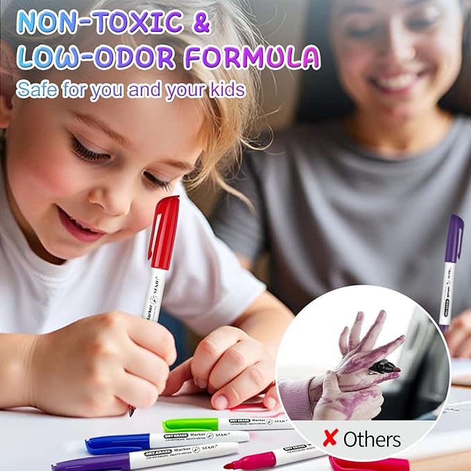 SFAIH Dry Erase Markers Fine Tip 12 Colors, 12 Pack (1 Dozen) - Low Odor Whiteboard Markers Set for Kids Art, Home Office, Calendar Planning | 5 Sizes: 12/24/48/72/144 Packs Available