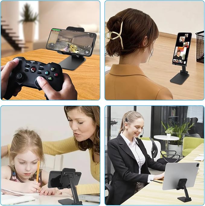 Cell Phone Stand for Desk, Angle & Height Adjustable Phone Holder, (Black) | Fully Foldable, Fits for All Under 6.5" Smartphones, Ideal for Home, Office & Travel Use