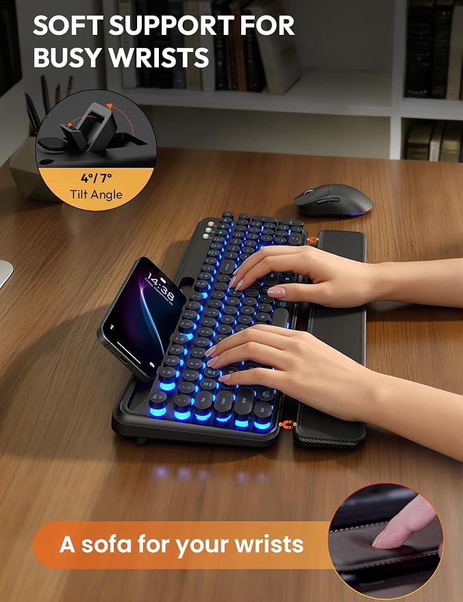 Wireless Keyboard and Mouse, Backlit Typewriter with Magnetic Wrist Rest | Phone Holder, Light Up Round Keycaps, Lighting Mouse, 2.4GHz Cordless Set for Mac, Windows, PC, Laptop, SABLUTE