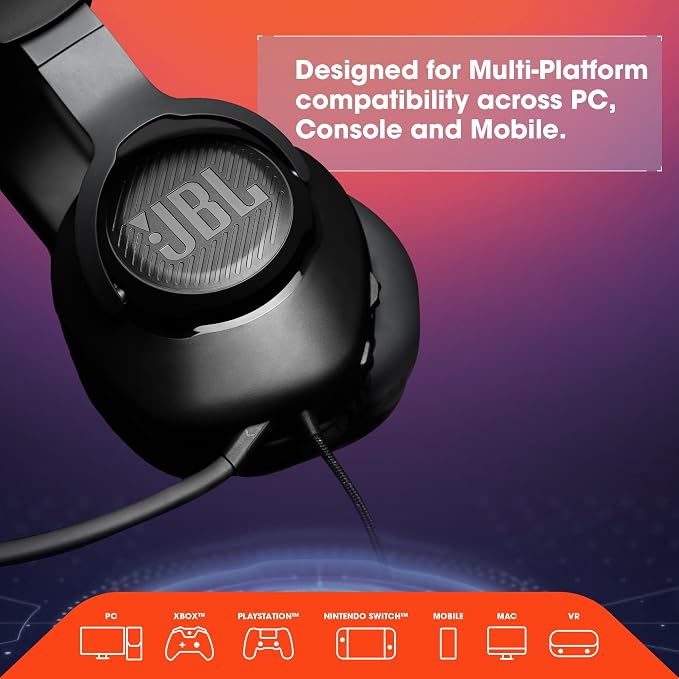 JBL Quantum 100 - Wired Over-Ear Gaming Headphones - Black, Large | Be at the center of the game with JBL QuantumSOUND Signature, Play even longer in memory foam comfort