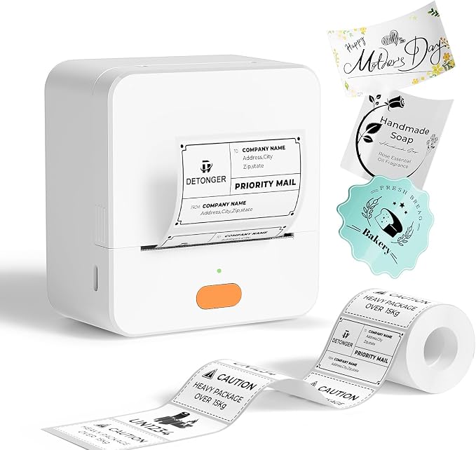 P1 Label Maker, 2 Inch Thermal Printer, Label Maker Waterproof Labels, Label Printer for Small Business, Home, Office, Logo, Address, Clothing, Organizing with 1 Roll Label, White