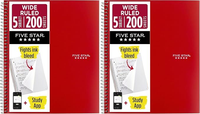 Five Star Spiral Notebook + Study App, 5 Subject, Wide Ruled Paper, Fights Ink Bleed, Water Resistant Cover, 8" x 10-1/2", 200 Sheets, Fire Red (72041) (Pack of 2)