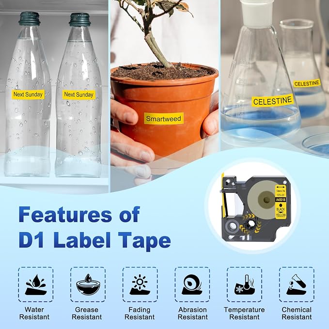 6-Pack Compatible with Dymo D1 Label Tape Black on Yellow 45018 S0720580 | Yellow Label Maker Refill d1, 1/2 Inch x 23 Ft for DYM0 LabelManager 160 420P 210D 280 360D PnP, 6-Pack