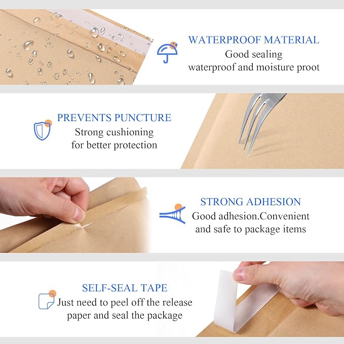 50 Pcs Kraft Bubble Mailers 3 Size Padded Envelopes Kraft Poly Mailers Bubble Lined Shipping Envelopes Mail Shipping Bags for CDs Book Business Supplies (Natural)