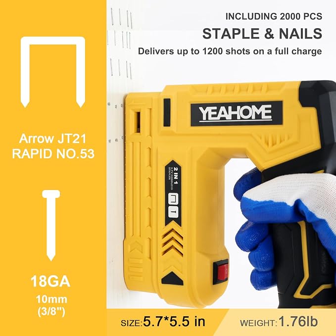 YEAHOME Electric Staple Gun, 2 in 1 Electric Light Duty Brad Nailer/Stapler, 3.7V Power Cordless Stapler Tacker with USB Charger Cable, 1000 Staples for Upholstery, Material Repair and Carpentry