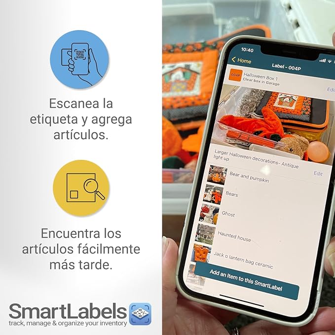 SmartLabels - Etiquetas QR en Español - Con App de Análisis de Fotos IA - Crea Descripciones Sin Escribir - para Inventario Fácil, Organización de Bodegas o Etiquetas de Mudanza - Paquete de 48