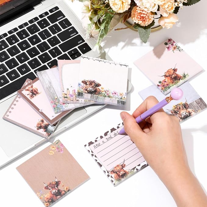 9 Pads Highland Cow Sticky Notes, 3x3 Inch Cute Stick Notepads | Adhesive Memo Notes Pad, Coworker Gifts, Office Supplies Decor, Desk Accessories for Students, Teacher, Meeting
