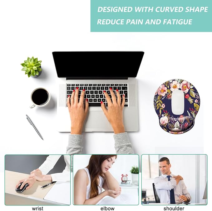 Mouse Pad with Wrist Support, Ergonomic Mouse Pad with Memory Foam Wrist Rest Cushion, Non-Slip Rubber Base Gaming Mice Pad for Home Office Computer Laptop, Flower Wreath
