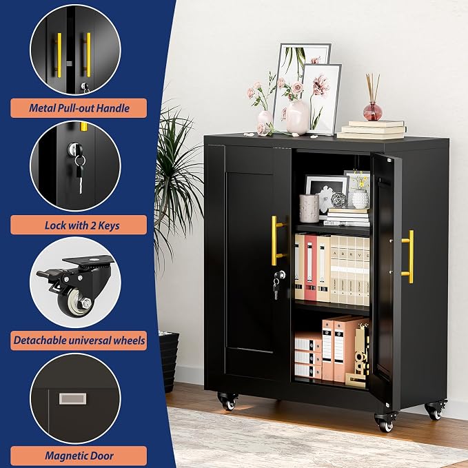 PAOFIN Metal Storage Cabinet-35” Tall Steel File Cabinets with Lockable Doors and Adjustable Shelves, Steel Tool Cabinet with Wheel for Home, School, Office, Garage Black