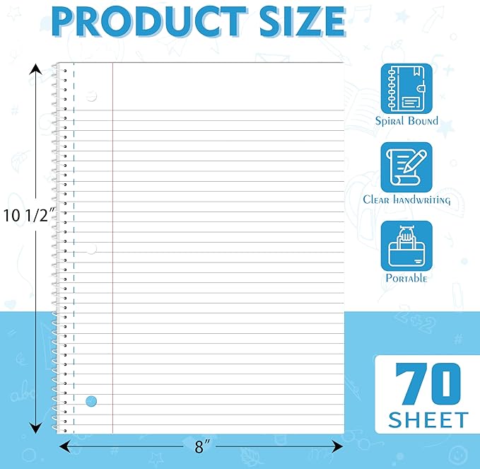Yeplan Spiral Notebooks 4 Pack, College Ruled Notebook Paper, 1 Subject Notebook for School & Work, 8" x 10-1/2", 70 Sheets per Notebook, 4 Assorted Colors