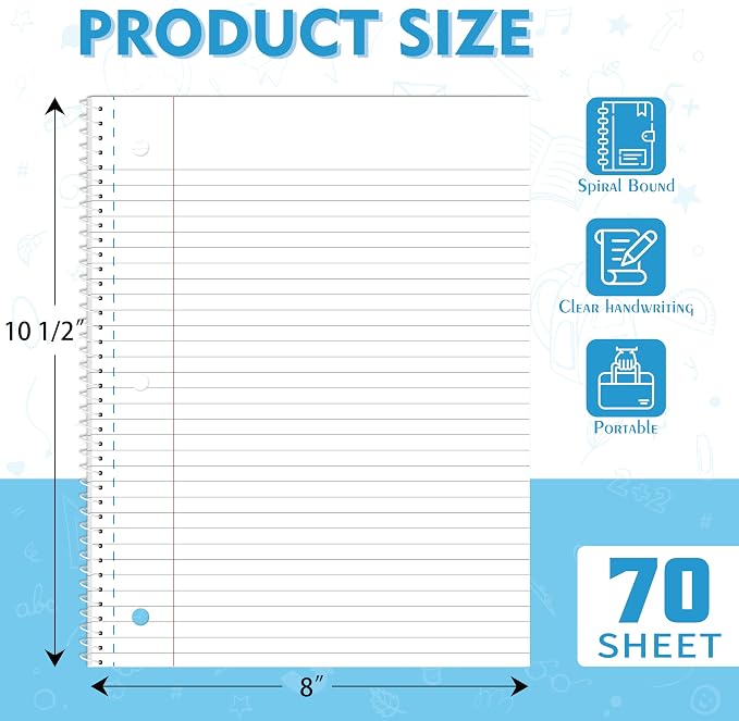 Yeplan Spiral Notebooks 4 Pack, College Ruled Notebook Paper, 1 Subject Notebook for School & Work, 8" x 10-1/2", 70 Sheets per Notebook, 4 Assorted Colors